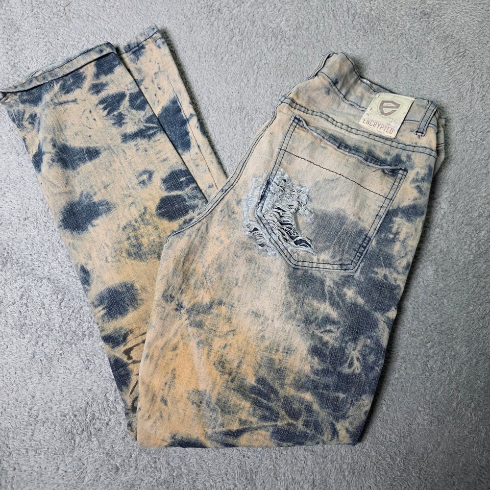 Encrypted Mens 34 Moto Jeans Blue Tan Acid Wash Ribbed Zipper Distressed Biker